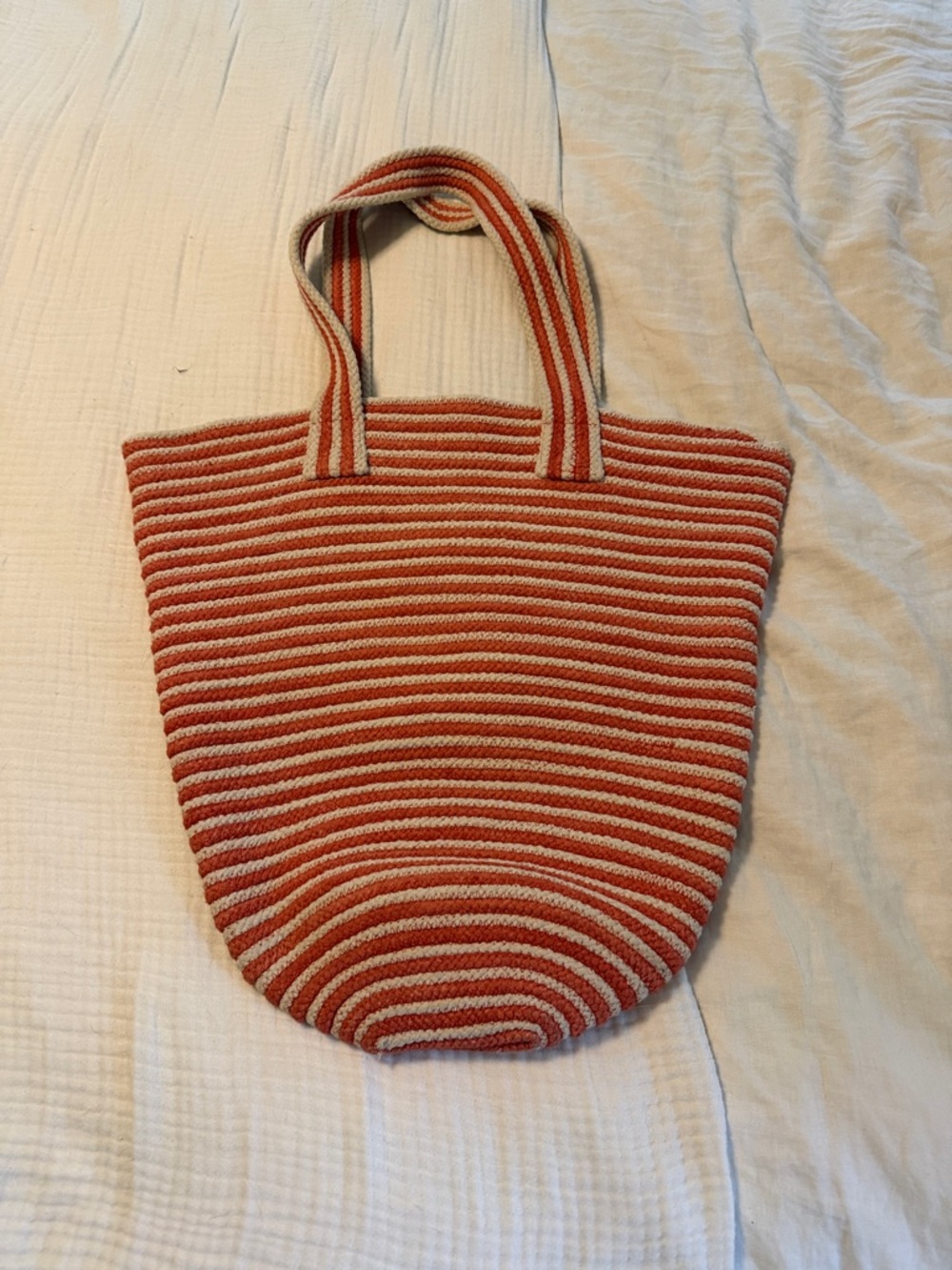 Striped Red and Cream Rope Tote Bag with Dual Handles